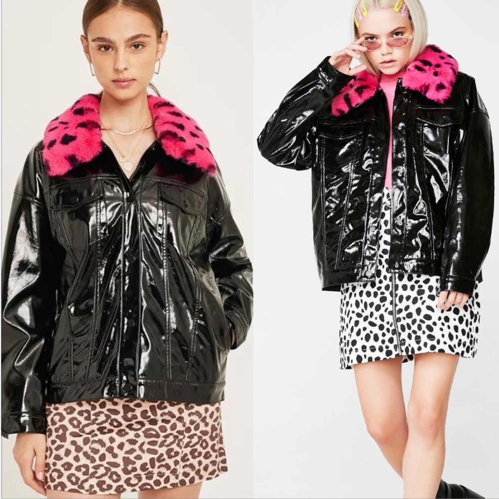 Lazy Oaf black vinyl coat pink faux fur collar M